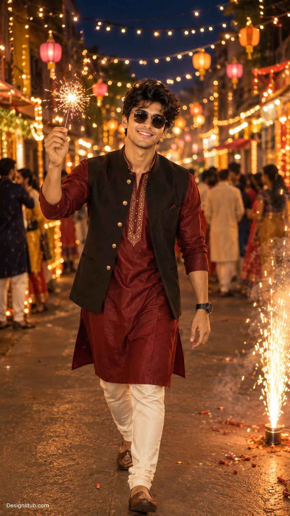 Boy in maroon kurta holding a sparkler on a Diwali street at night