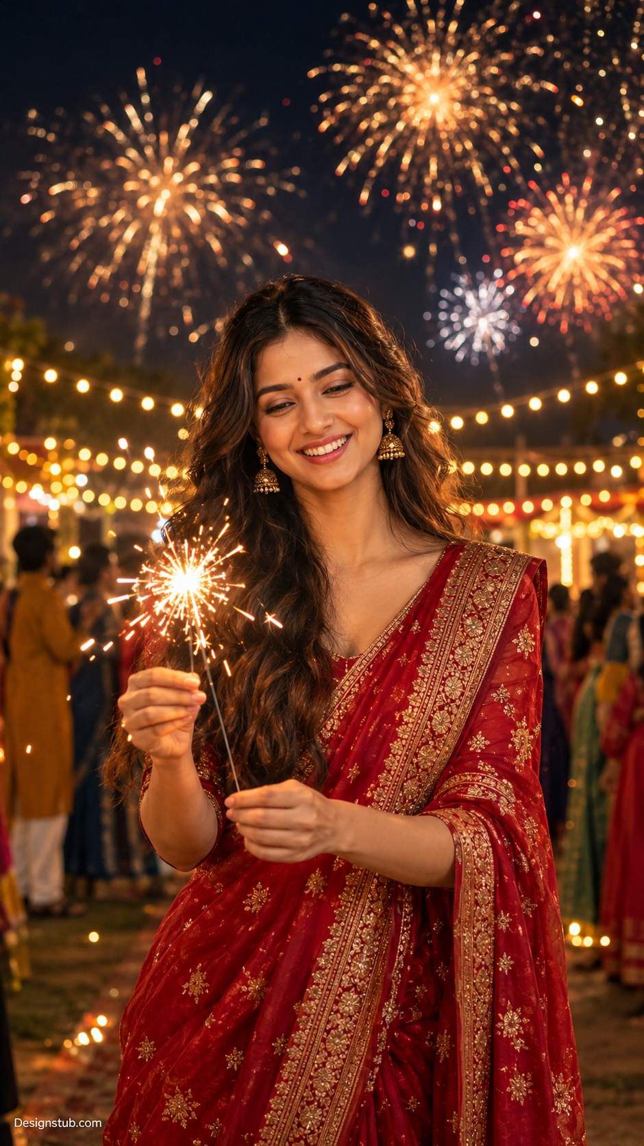 Girl in red saree laughing with a sparkler under Diwali fireworks at night