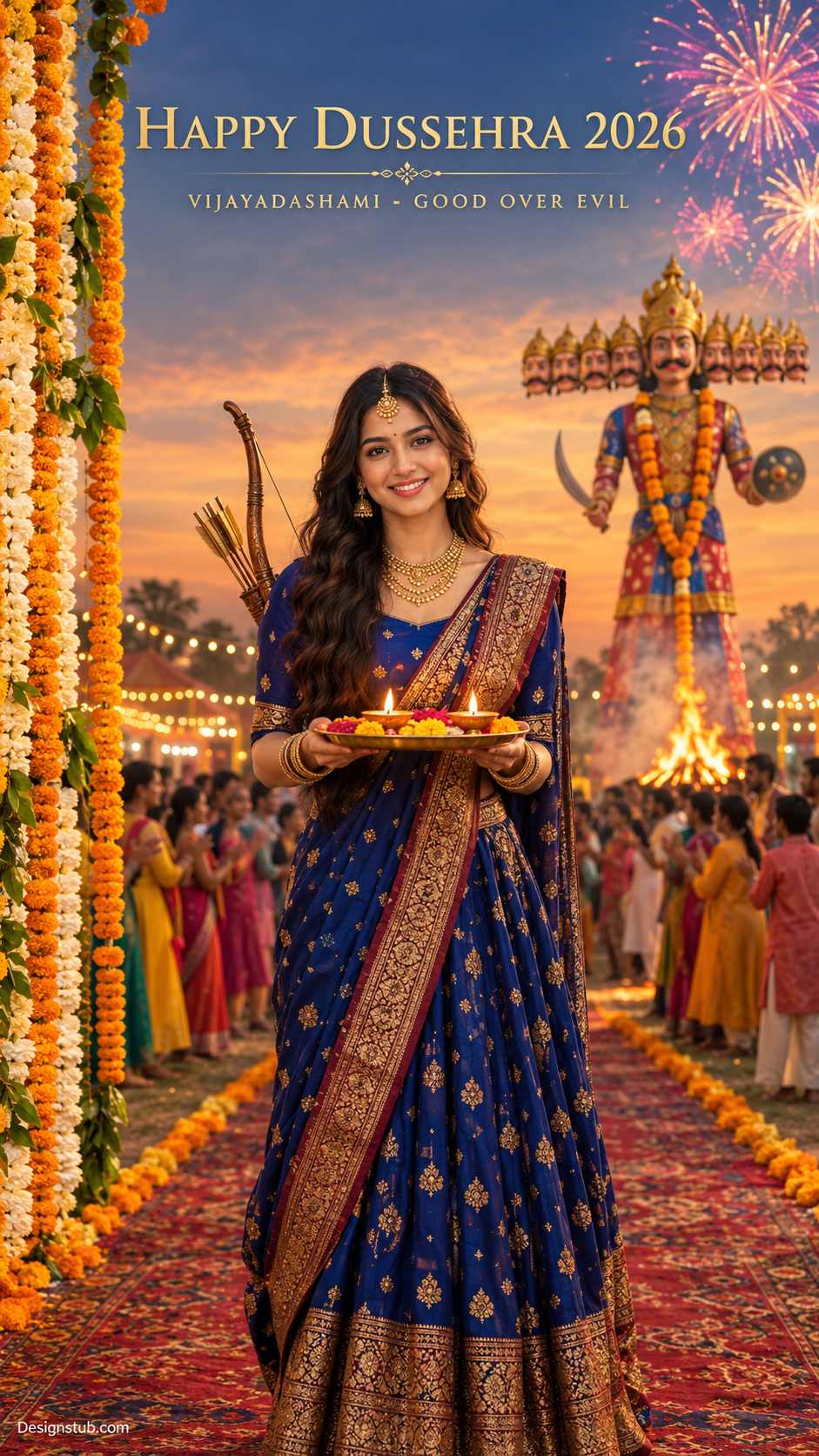 Smiling woman in a royal blue lehenga holding a puja thali, with a Ravan effigy, marigold garlands and fireworks at sunset