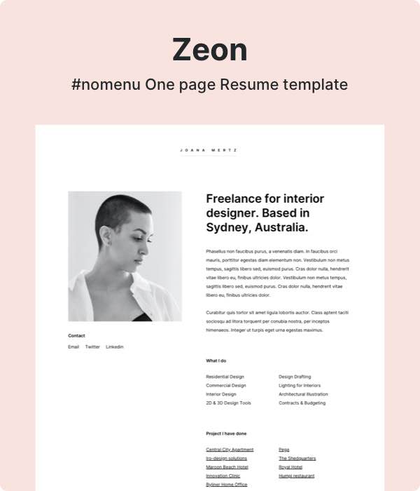 Zeon - Minimal Resume Bootstrap Template for Interior designer