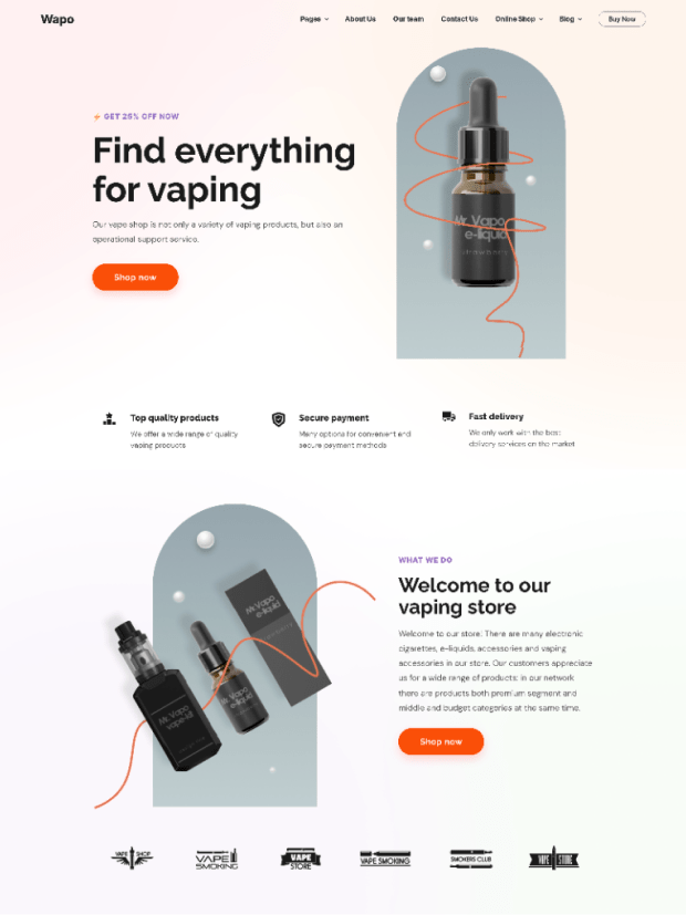 Wapo is a WordPress theme for vaping and tobacco such as vaporisers, CBD oil, snuff, liquids, cigars, cigarettes and other tobacco products and their companies.